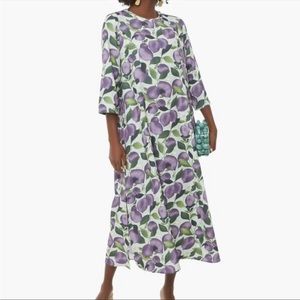 TUCKERNUCK Jamie Tuscan Plum Dress Kaftan Fruit Leaves Greens Purple Side Slits